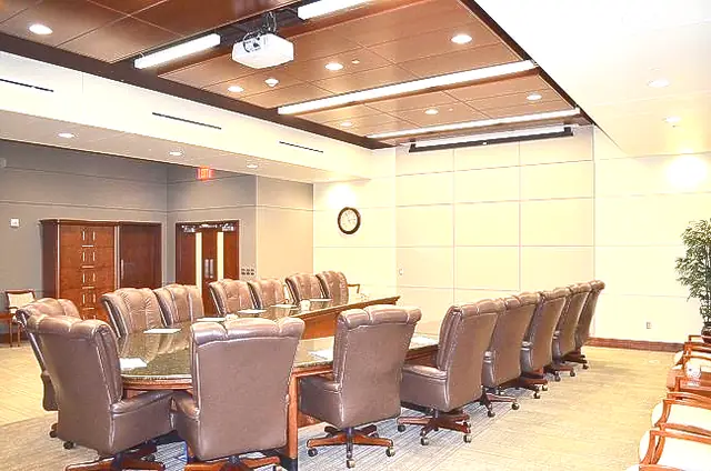 Wood-panel ceiling in the Oklahoma Electric Cooperative boardroom, completed by Geddes-Armstrong Construction