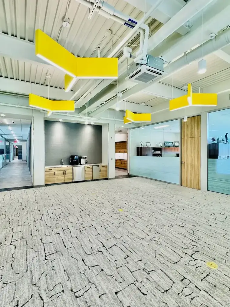 Open-plan office tenant finish completed by Geddes-Armstrong Construction, exposed deck and acoustic cloud lighting